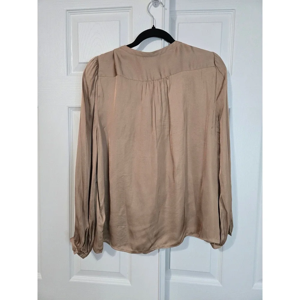 J.Crew Womens Pintuck Tie Neck Blouse Champagne Tan Long Sleeve Top Size M